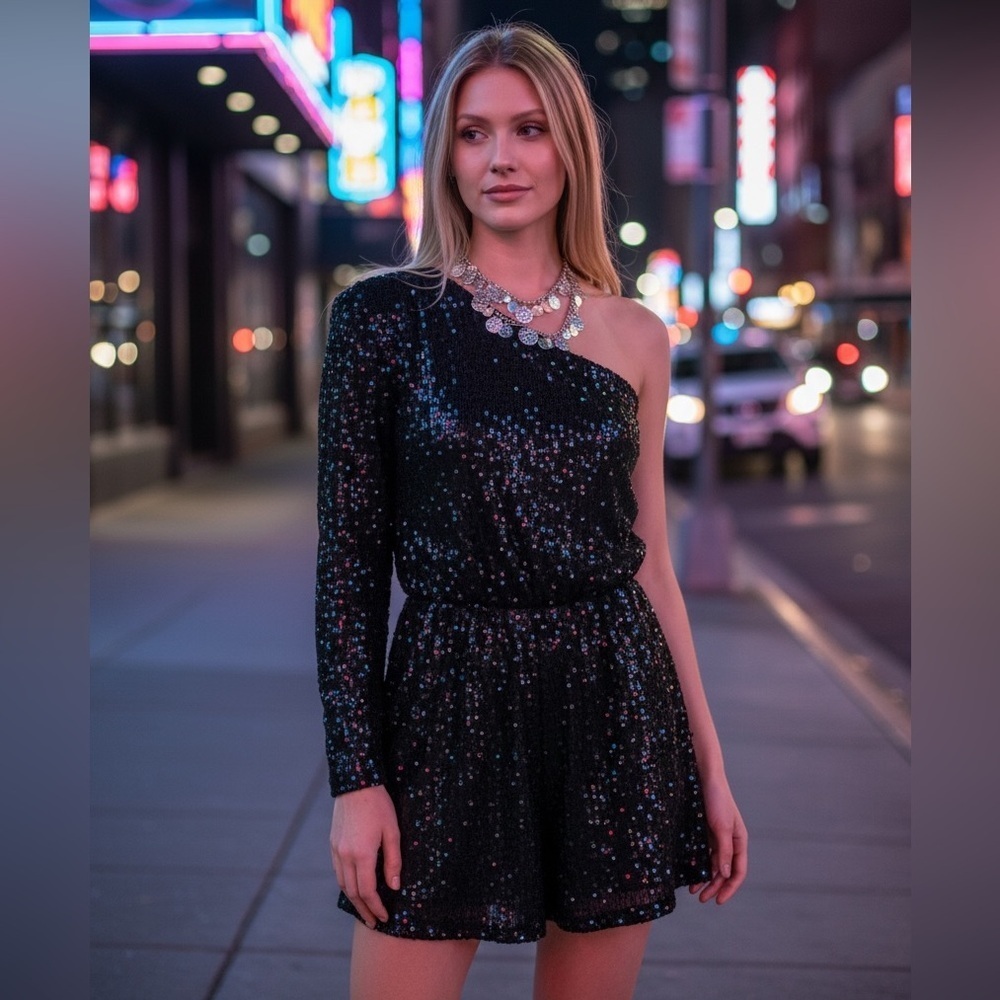 ZEXXXY BLACK SEQUIN ONE SHOULDER FORMAL PARTY PROM ROMPER JUMPSUIT SIZE LARGE